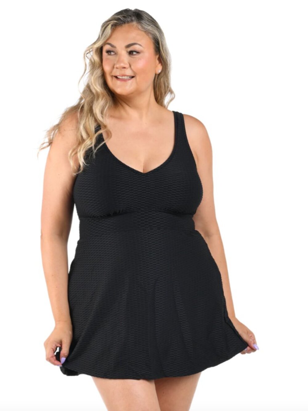 NWT Maxine of Hollywood Textured Spa V-Neck Swim Dress One Piece Black 24W